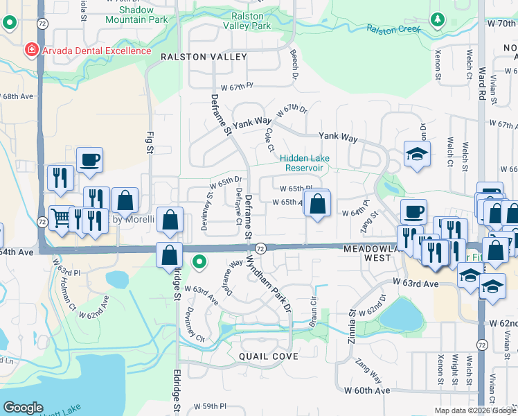 map of restaurants, bars, coffee shops, grocery stores, and more near 13720 West 65th Avenue in Arvada