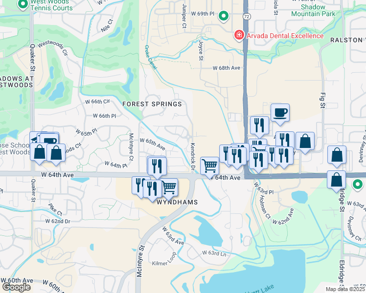 map of restaurants, bars, coffee shops, grocery stores, and more near 15243 West 65th Avenue in Arvada