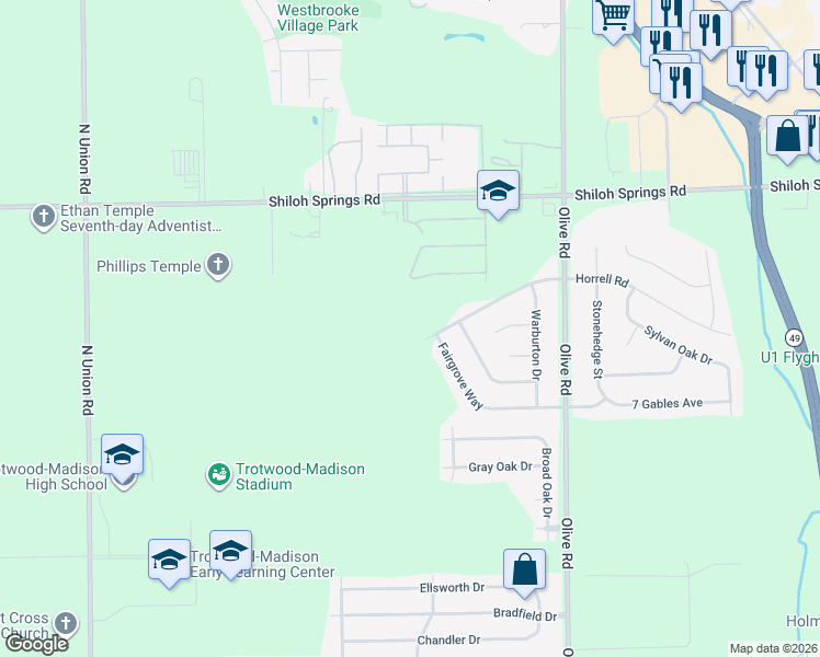 map of restaurants, bars, coffee shops, grocery stores, and more near 700 Keswick Circle in Trotwood
