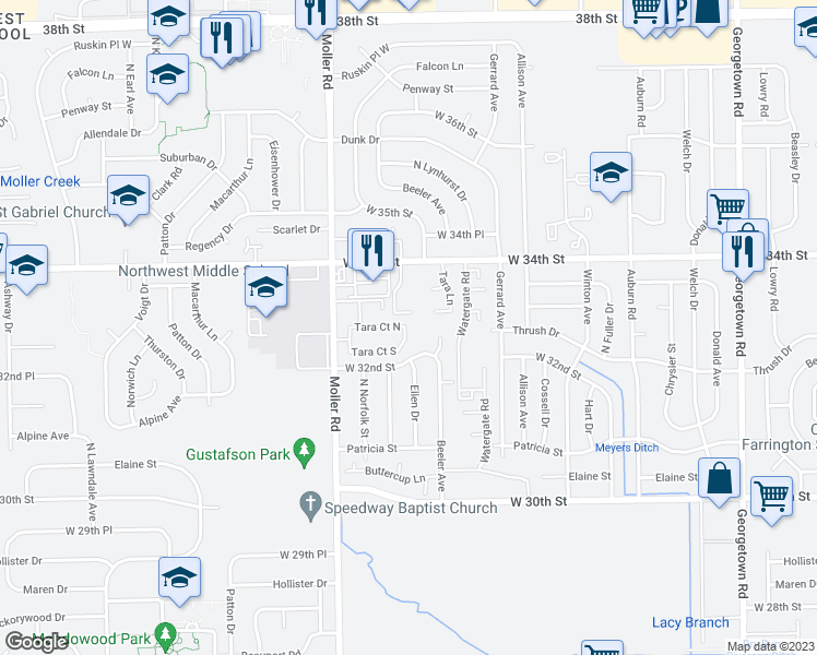 map of restaurants, bars, coffee shops, grocery stores, and more near 3287 Tara Court East in Indianapolis