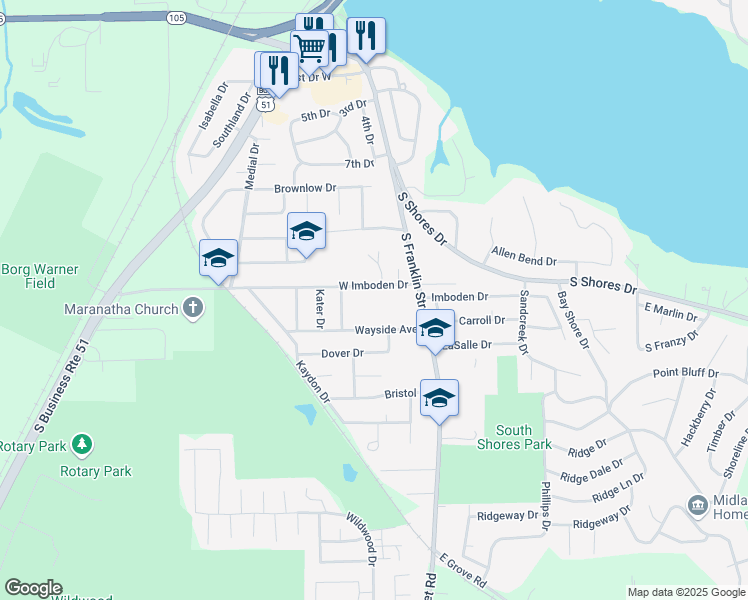 map of restaurants, bars, coffee shops, grocery stores, and more near 105 West Imboden Drive in Decatur