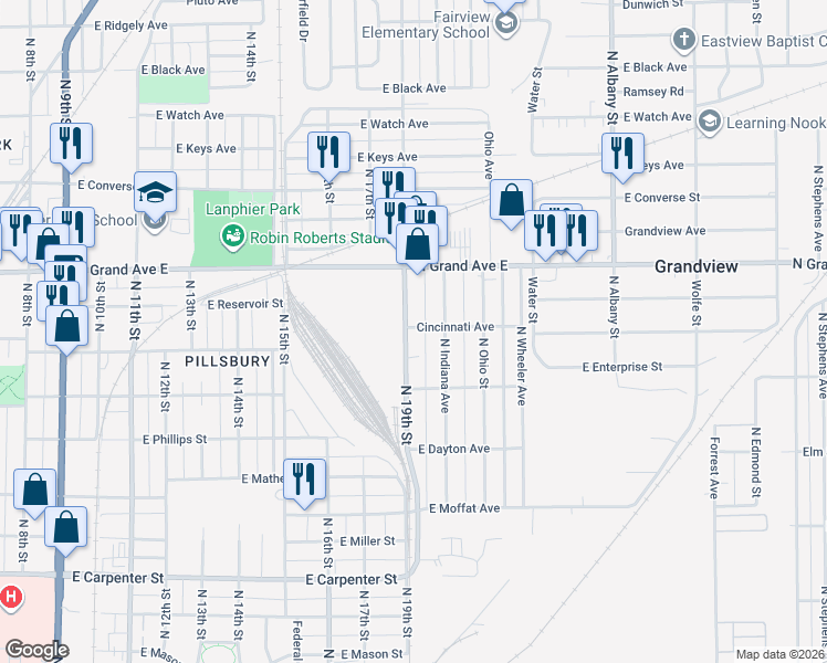 map of restaurants, bars, coffee shops, grocery stores, and more near 1800-1926 Cincinnati Avenue in Springfield