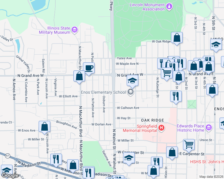 map of restaurants, bars, coffee shops, grocery stores, and more near 599 Elliott Avenue in Springfield