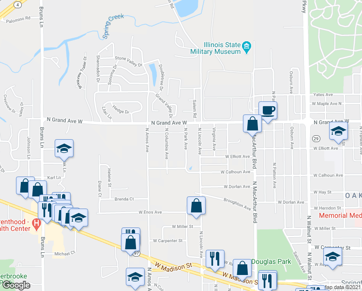 map of restaurants, bars, coffee shops, grocery stores, and more near 1105 North Park Avenue in Springfield