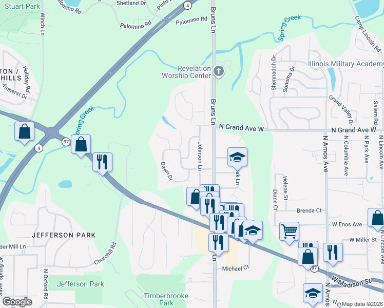 map of restaurants, bars, coffee shops, grocery stores, and more near 36 Beverly Dr in Springfield