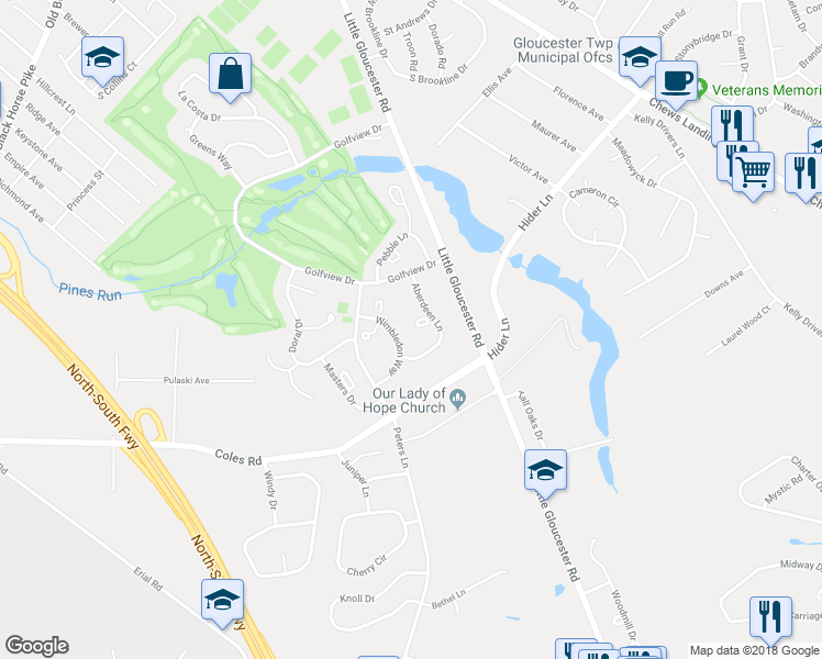 map of restaurants, bars, coffee shops, grocery stores, and more near 4107 Aberdeen Lane in Camden County