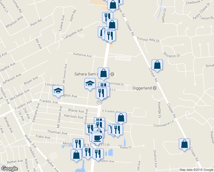 map of restaurants, bars, coffee shops, grocery stores, and more near 501 New Jersey 73 in West Berlin