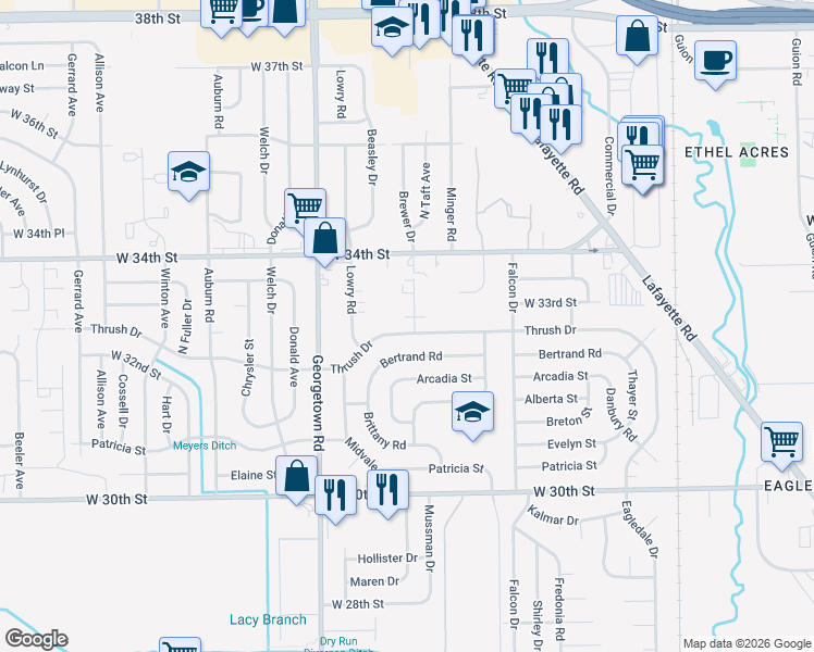 map of restaurants, bars, coffee shops, grocery stores, and more near 4502 Thrush Dr in Indianapolis