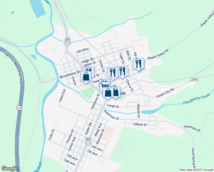 map of restaurants, bars, coffee shops, grocery stores, and more near 151 Center Street in Meyersdale