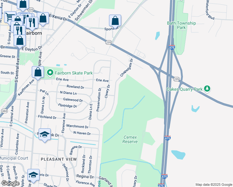 map of restaurants, bars, coffee shops, grocery stores, and more near 590 Chapelgate Drive in Fairborn