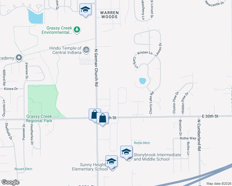 map of restaurants, bars, coffee shops, grocery stores, and more near 3132 River Birch Drive in Indianapolis