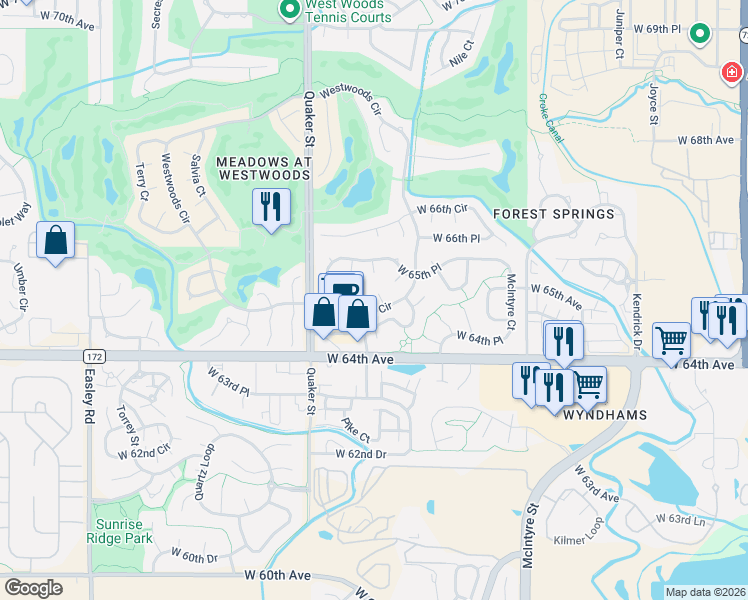 map of restaurants, bars, coffee shops, grocery stores, and more near 6526 Pike Court in Arvada