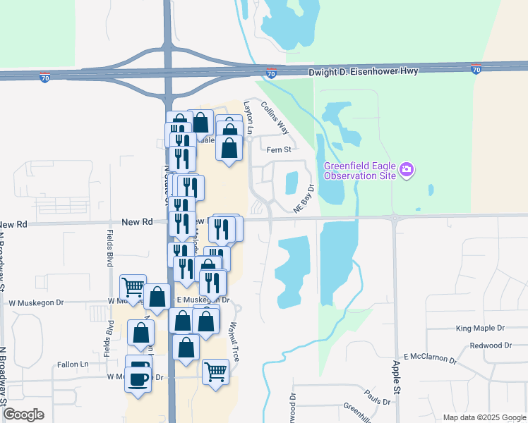 map of restaurants, bars, coffee shops, grocery stores, and more near 2014 Martindale Drive in Greenfield