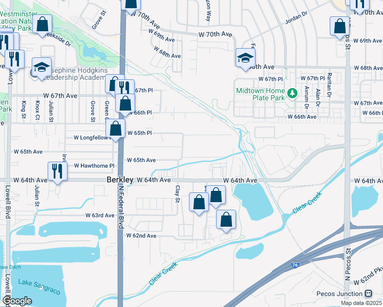 map of restaurants, bars, coffee shops, grocery stores, and more near 2575 West 65th Avenue in Denver