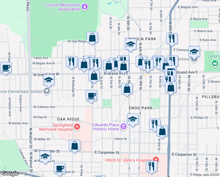 map of restaurants, bars, coffee shops, grocery stores, and more near 1123 North 3rd Street in Springfield
