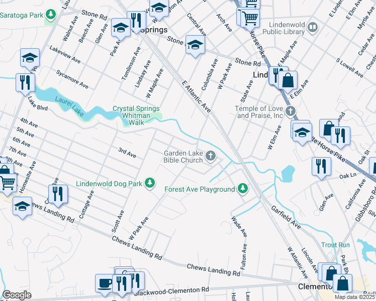 map of restaurants, bars, coffee shops, grocery stores, and more near 109 1st Avenue in Lindenwold