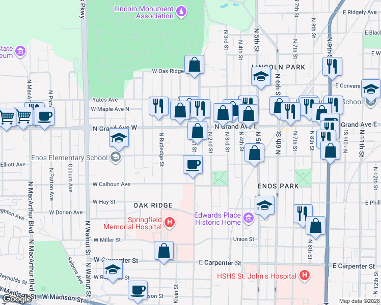 map of restaurants, bars, coffee shops, grocery stores, and more near 1101 North 1st Street in Springfield