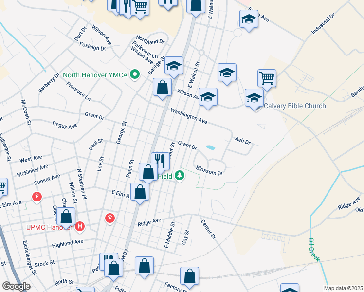 map of restaurants, bars, coffee shops, grocery stores, and more near 575 Grant Drive in Hanover