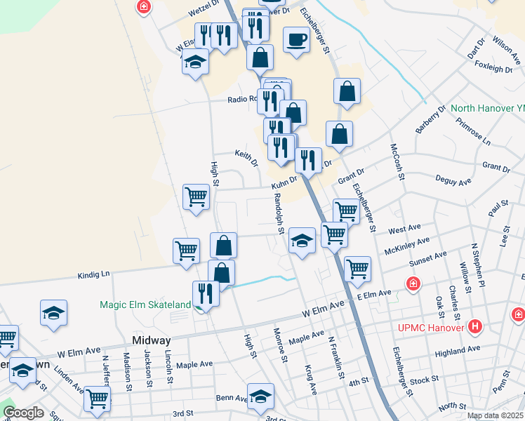 map of restaurants, bars, coffee shops, grocery stores, and more near 1 Colonial Crest Circle in Hanover