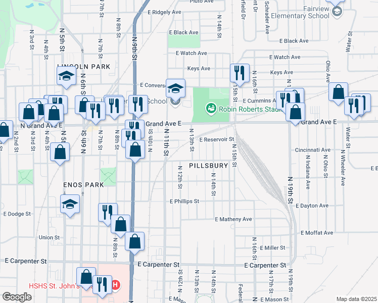 map of restaurants, bars, coffee shops, grocery stores, and more near 1109 North 13th Street in Springfield