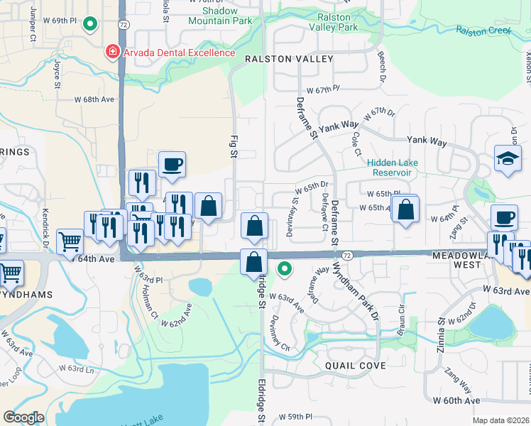 map of restaurants, bars, coffee shops, grocery stores, and more near 13944 West 65th Avenue in Arvada