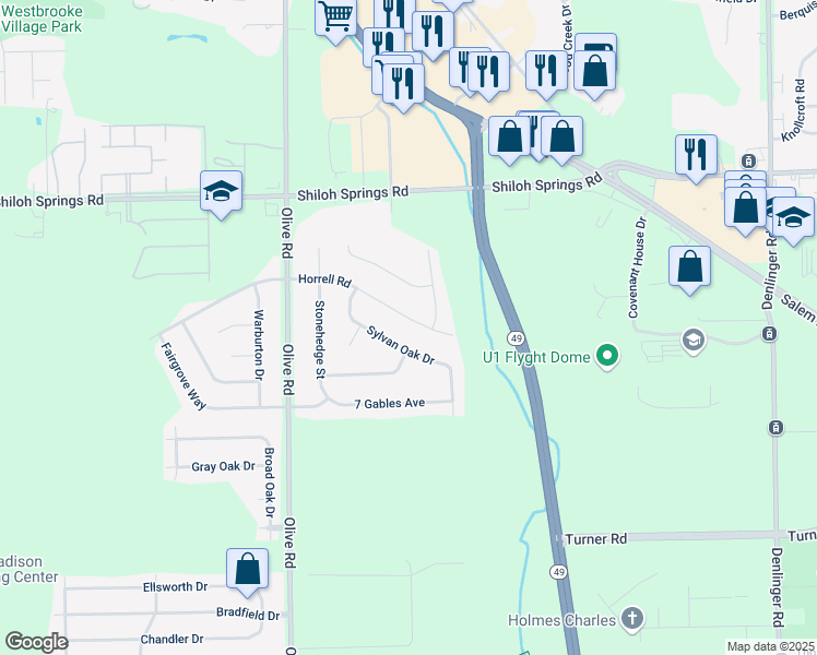 map of restaurants, bars, coffee shops, grocery stores, and more near 5812 Horrell Road in Dayton