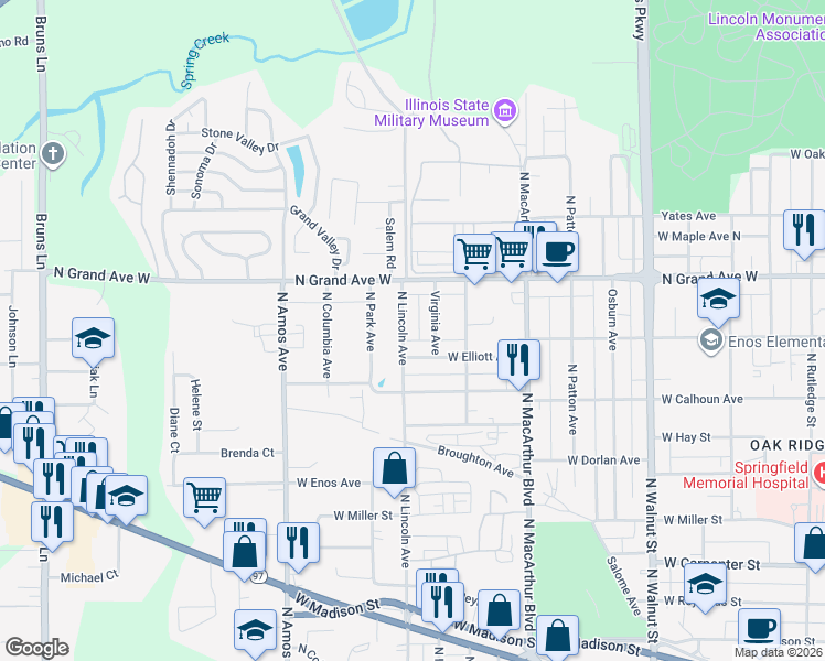 map of restaurants, bars, coffee shops, grocery stores, and more near 1112 North Lincoln Avenue in Springfield