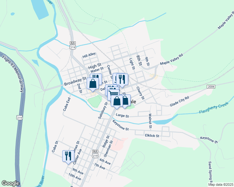 map of restaurants, bars, coffee shops, grocery stores, and more near 151 Center Street in Meyersdale