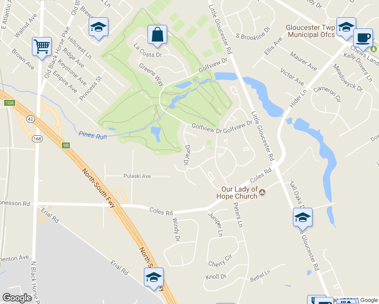 map of restaurants, bars, coffee shops, grocery stores, and more near 499 Doral Drive in Gloucester Township