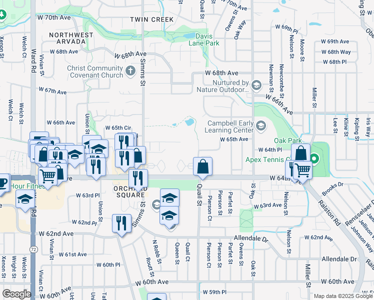 map of restaurants, bars, coffee shops, grocery stores, and more near 6505 Quail Street in Arvada