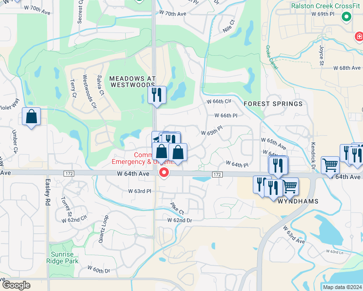 map of restaurants, bars, coffee shops, grocery stores, and more near 6526 Pike Court in Arvada