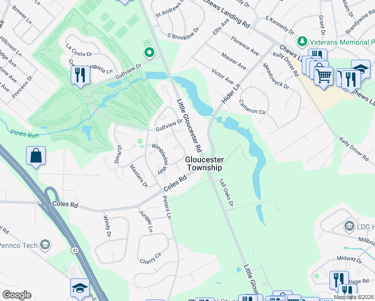 map of restaurants, bars, coffee shops, grocery stores, and more near 3601 Aberdeen Lane in Camden County