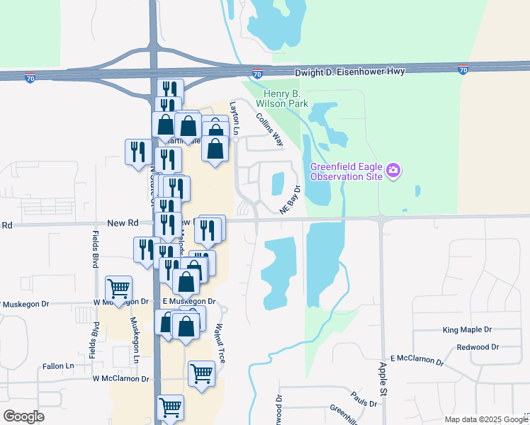 map of restaurants, bars, coffee shops, grocery stores, and more near 2011 Northeast Bay Drive in Greenfield