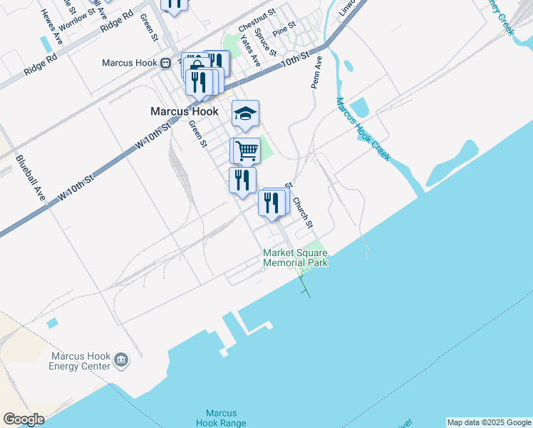 map of restaurants, bars, coffee shops, grocery stores, and more near 312 Market Street in Marcus Hook