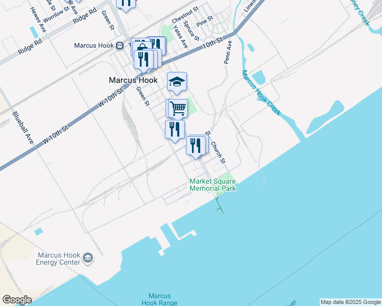 map of restaurants, bars, coffee shops, grocery stores, and more near 312 Market Street in Marcus Hook