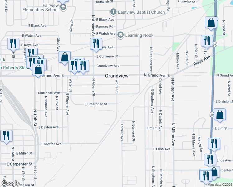 map of restaurants, bars, coffee shops, grocery stores, and more near 2298 Cincinnati Ave in Grandview