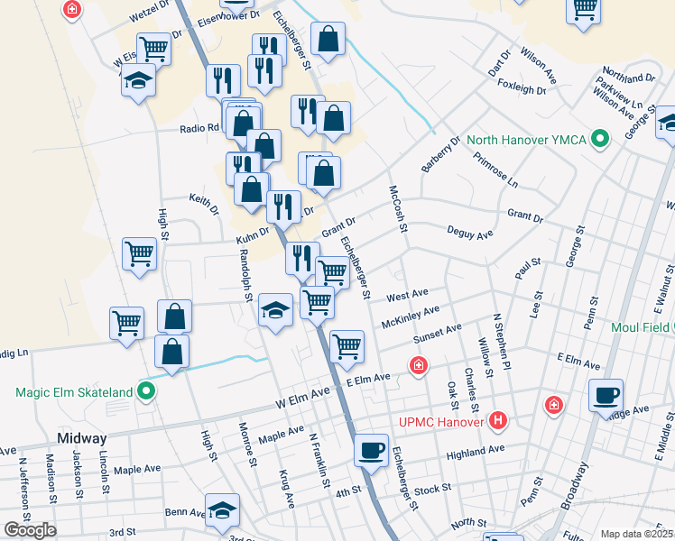 map of restaurants, bars, coffee shops, grocery stores, and more near 905 Sherwood Street in Hanover