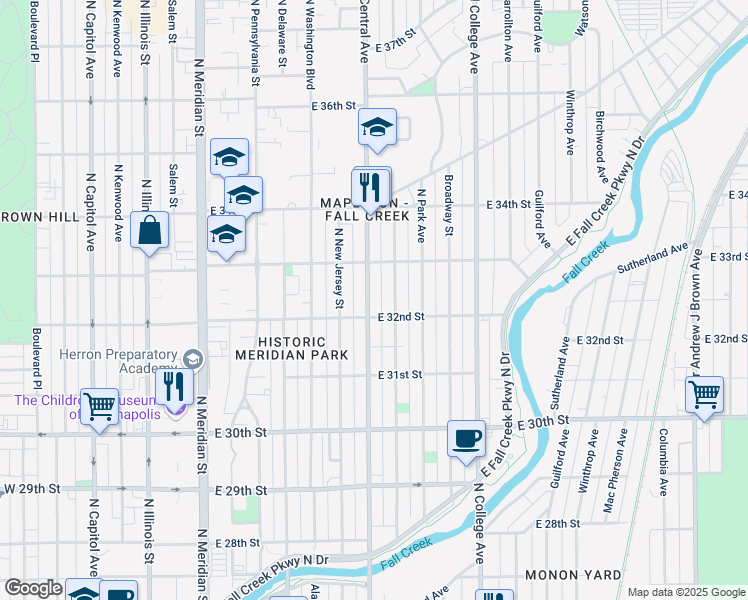 map of restaurants, bars, coffee shops, grocery stores, and more near 3223 Central Avenue in Indianapolis