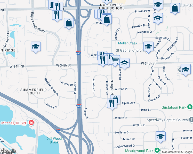 map of restaurants, bars, coffee shops, grocery stores, and more near 6419 Thistle Drive in Indianapolis