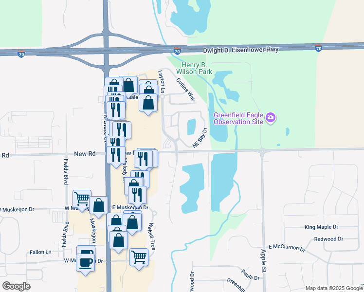 map of restaurants, bars, coffee shops, grocery stores, and more near 2011 Northeast Bay Drive in Greenfield