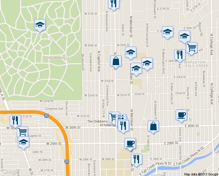map of restaurants, bars, coffee shops, grocery stores, and more near 3227 North Kenwood Avenue in Indianapolis