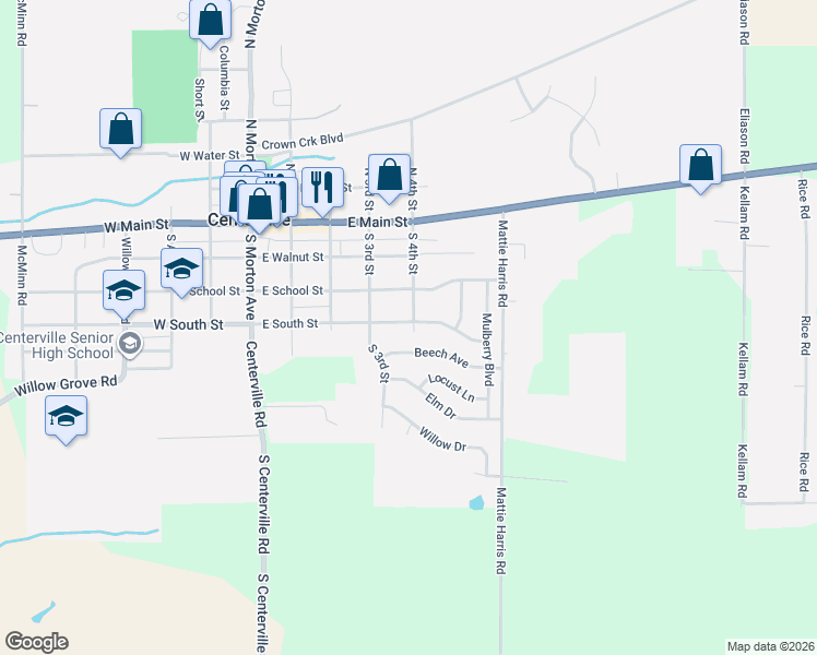 map of restaurants, bars, coffee shops, grocery stores, and more near 419 East South Street in Centerville