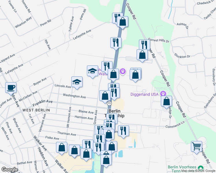 map of restaurants, bars, coffee shops, grocery stores, and more near 510 New Jersey 73 in Berlin Township