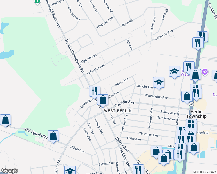 map of restaurants, bars, coffee shops, grocery stores, and more near 236 2nd Avenue in West Berlin