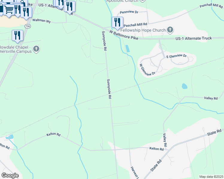 map of restaurants, bars, coffee shops, grocery stores, and more near 167 Sunnyside Road in West Grove