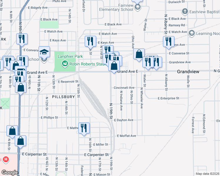 map of restaurants, bars, coffee shops, grocery stores, and more near 1800 Cincinnati Avenue in Springfield