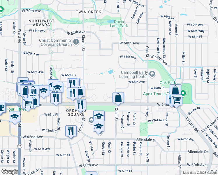 map of restaurants, bars, coffee shops, grocery stores, and more near 6505 Quail Street in Arvada