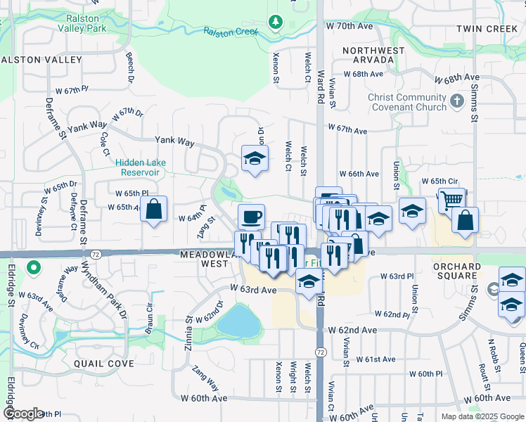 map of restaurants, bars, coffee shops, grocery stores, and more near 12825 West 65th Way in Arvada