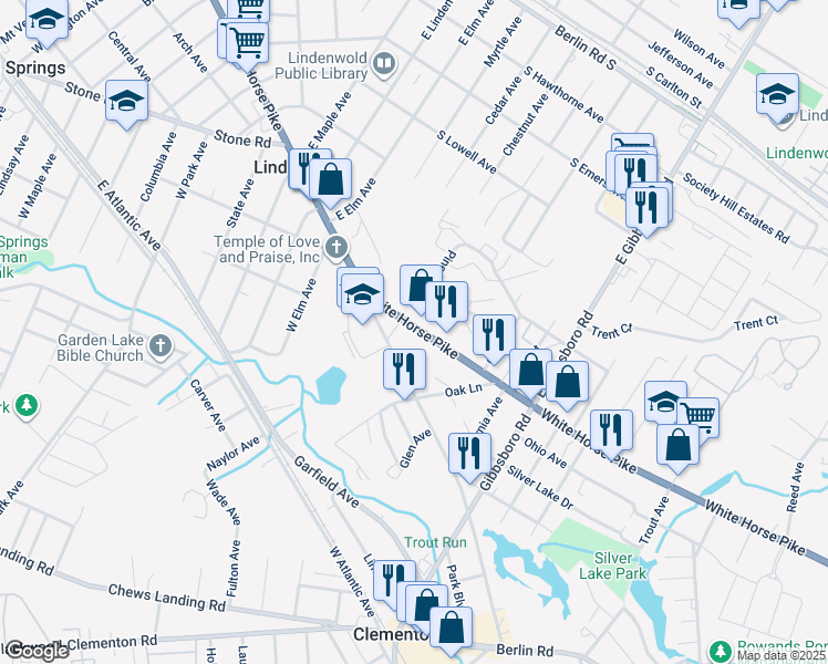 map of restaurants, bars, coffee shops, grocery stores, and more near 420 South White Horse Pike in Lindenwold