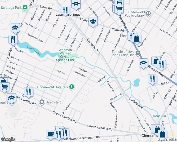 map of restaurants, bars, coffee shops, grocery stores, and more near 109 1st Avenue in Lindenwold
